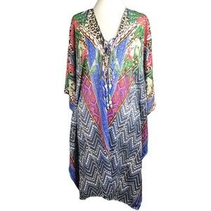 Violet Sky sheer Floral blue pink, grey Cover-up Tunic Caftan - Sz L